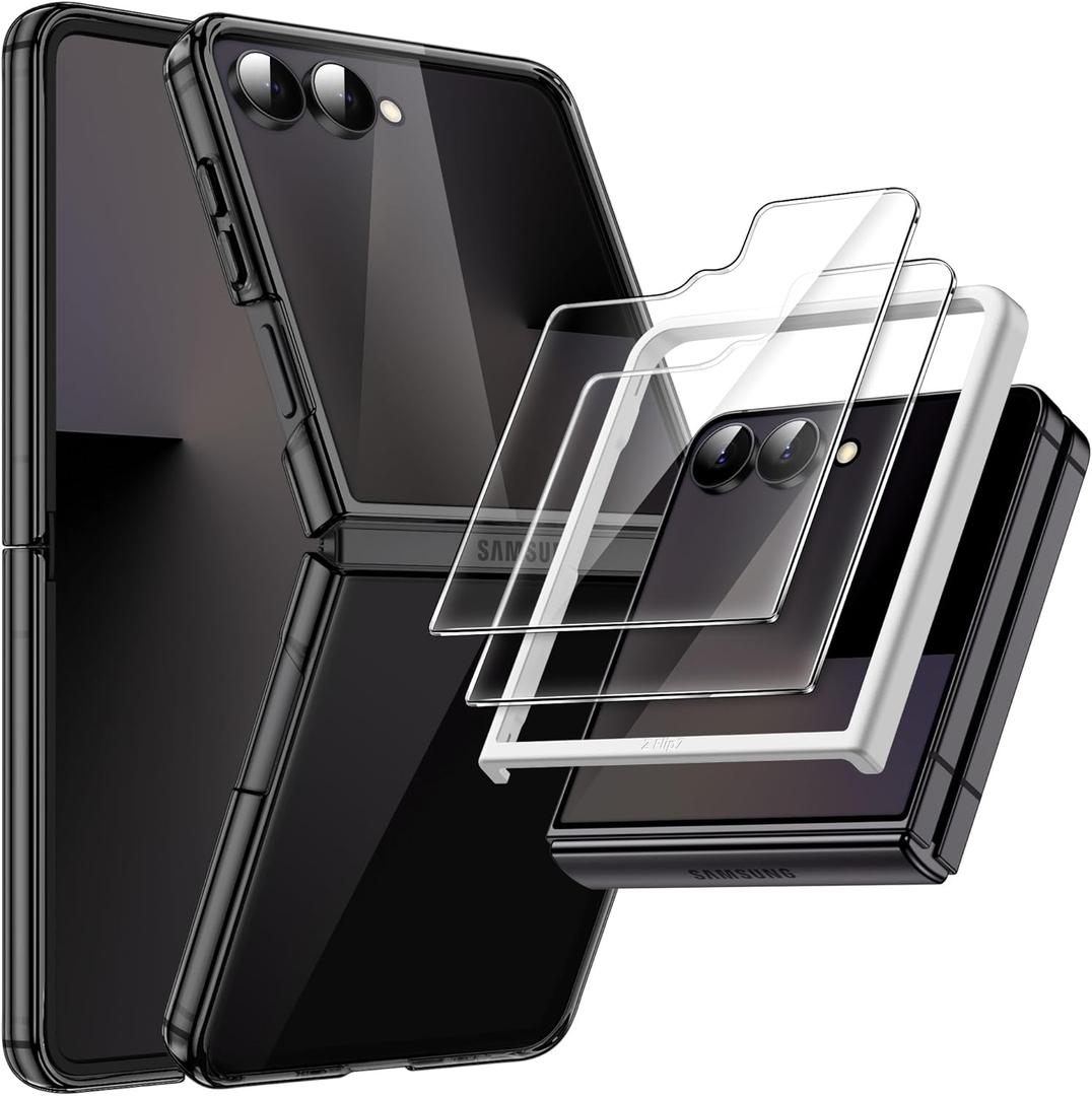 JETech 3 in 1 Case for Samsung Galaxy Z Flip 7 2025 with 2-Pack Tempered Glass Front Screen Protector, Crystal Clear, Anti-Scratch Transparent Hard PC Shell, Protective Phone Cover (Black)
