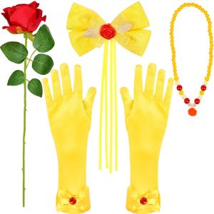 U-Goforst Princess Costume Accessories for Women, Yellow Hair Bow Gloves Necklace Rose Set for Halloween Dress Up Party