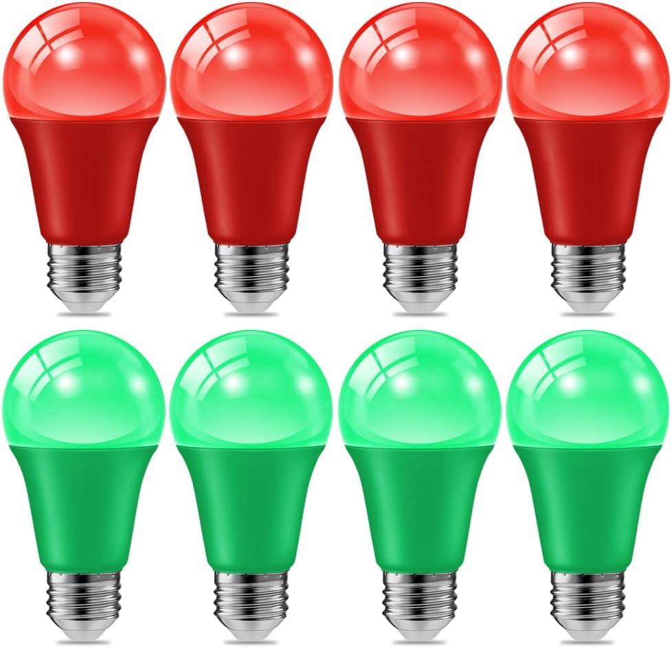 haraqi 8 Pack 9W (60W Equivalent) 120V E26 Base A19 LED Colored Light Bulb, Red Green LED Lights for Party Christmas Decor and Halloween Lighting