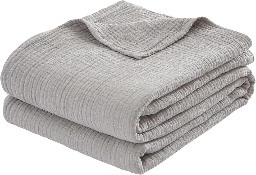 100% Cotton Muslin Queen Blanket (90" x 90")  A Luxuriously Soft, 4-Layer Lightweight and Breathable Gauze Blanket, Perfect for Year-Round use on beds, couches (Grey, Queen)