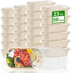 50 Pack 23 oz Disposable Meal Prep Containers, Sugarcane Fiber Paper Salad Bowls with Lids Take Out Food Container for Pasta, Burrito, Leftovers