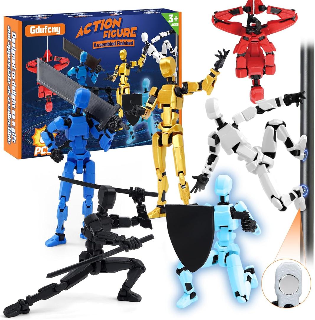 Magnetic Action Figure Set - 6-Pack T13 Titan 13 Robot with Weapons, Poseable Multi-Colored Toys for Boys Kids, Easter, Creative Battle Play Collection