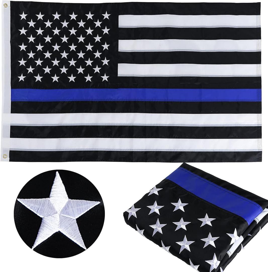 Thin Blue Line Flag 5x8 Ft Outdoor Large Police Flag with Embroidered Stars, Heavy Duty American USA Back the Blue Line Flags for Outside with Brass Grommets