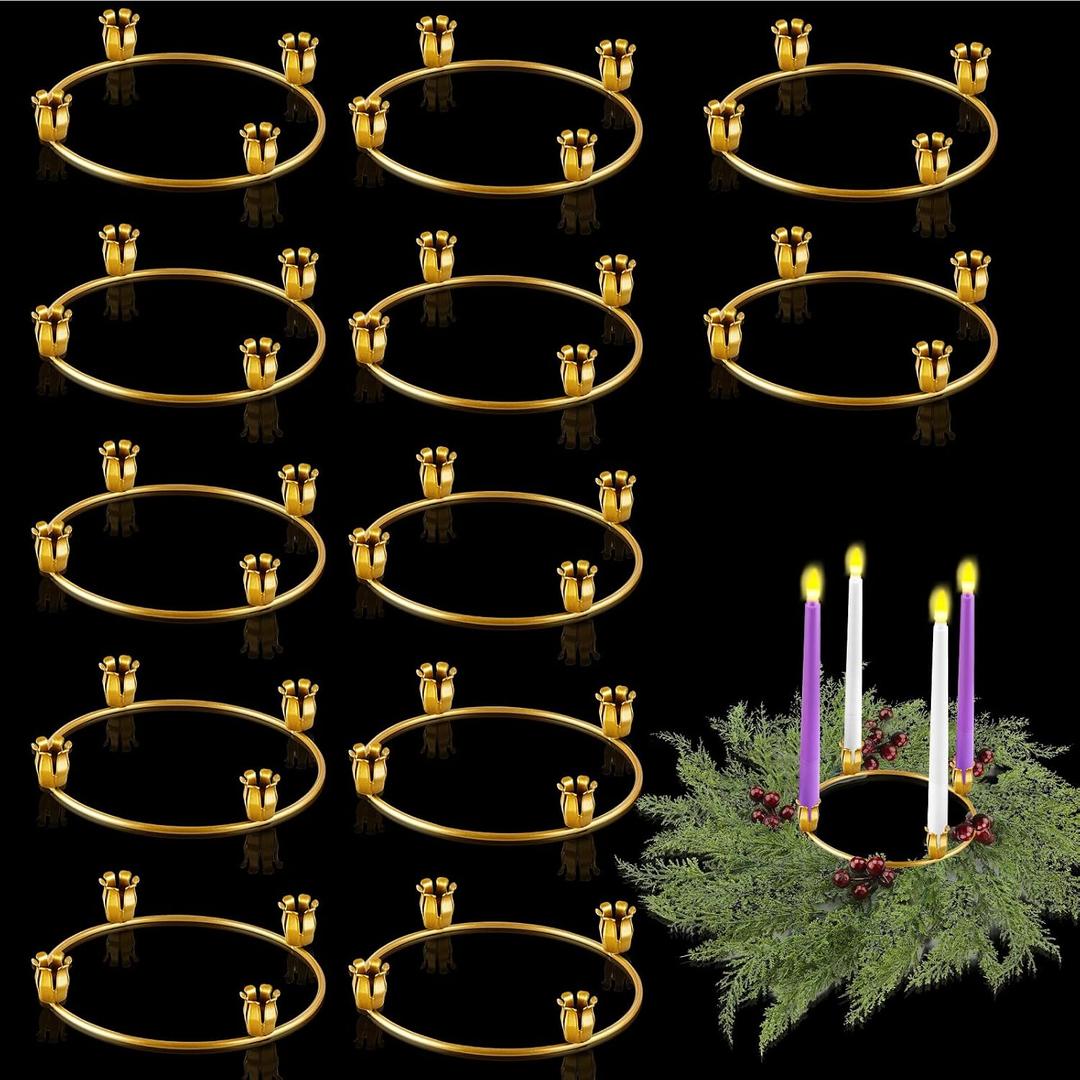 Thyle 12 Pcs Metal Christmas Advent Wreath Rings Bulk Gold Advent Wreath Candle Holder Xmas DIY Taper Candle Rings Table Candelabra Holder for Church Supply Home Table Centerpiece Festival Decoration
