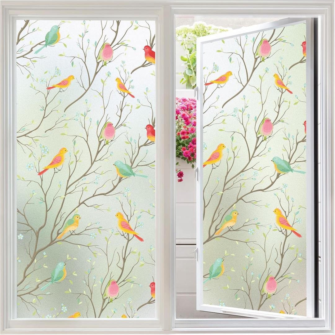Coavas Window Privacy Film, Frosted Stained Bird Glass Cling, Decorative Bathroom Day and Night Coverings with Heat Blocking Static Cling for Home Door Window, Translucent (35.4 x 78.7 Inch, Translucent Frosted Birds)