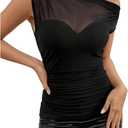 SweatyRocks Women's Sheer Mesh Asymmetrical Neck T Shirt Ruched Short Sleeve Tee Tops (X-Large, Black)