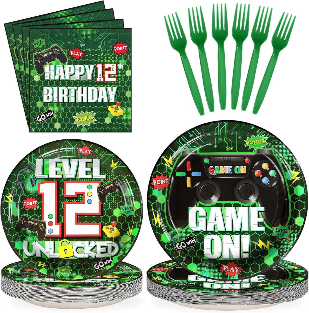 Grencian 96Pcs 12th Green Game Party Supplies Video Birthday Paper Plates and Napkins Tableware Sets Level Unlocked Game Themed Decorations for Kids Gaming Boys 12 Year Old Party Favors Serves 24