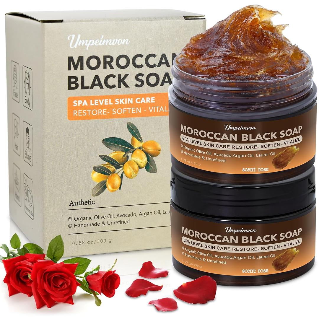 2 PCS Moroccan Black Soap with Argan and Rose Oil, SPA Level Handmade Black Beldi Soap Exfoliating and Softening, Natural and Organic for Face, Body, Hair and Shave, Rose Scent, 5.29 oz/150 g