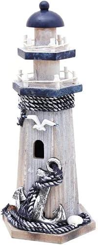 Linfevisi Nautical Decoration Handmade Wooden Lighthouse with Anchor&Seabird Marine Ornament Wooden Lighthouse 10.25" High Tabletop Decor