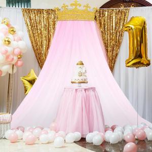 2pcs Princess Party Pink Tulle Background Curtain Decorations Set Glitter Crown Oversized 5x8 ft Pink Gauze Backdrop for Princess Birthdays Party Mothers Day Bridal Baby Showers Wedding