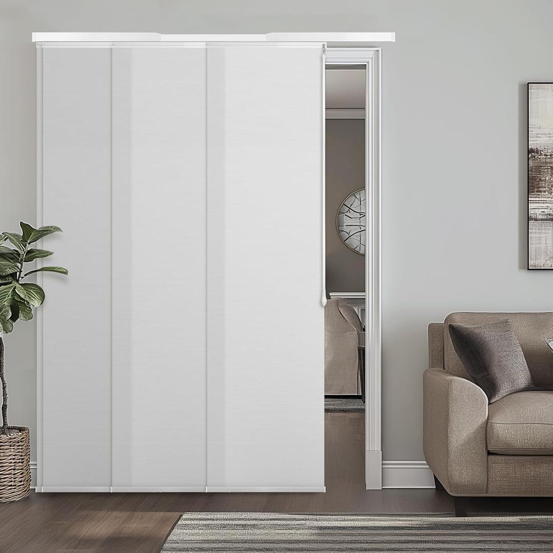 Adjustable Panel Track Blinds Manual Blackout Vertical Blinds for Sliding Door (Dimout - Texture White, 74" W x 96" H)