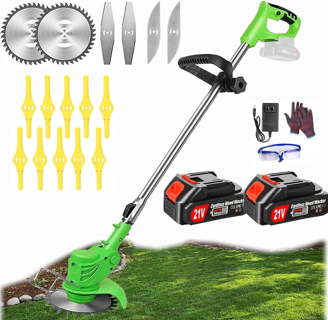 Cordless Weed Wacker Brush Cutter 21V Lightweight Electric Weed Eater | 2x 2.0Ah Battery Powered Weed Trimmer for Small Yard Lawn Edger and Garden Tool for Seniors Women - Green 6Inch, Medium weed eaters