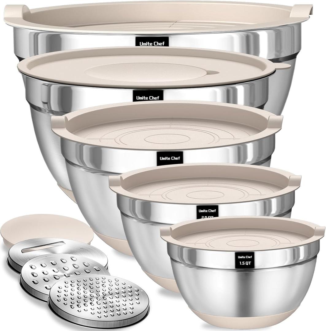 Umite Chef Mixing Bowls with Airtight Lids Set, 8PCS Stainless Steel Khaki Nesting Bowls with Grater Attachments, Kitchen Bowls with Non-Slip Bottoms, Size 5, 4, 3.5, 2, 1.5QT for Mixing & Serving