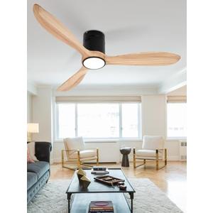 VACILL Flush Mount Ceiling Fan with Light,Low Profile Ceiling Fan,Wooden Fan Blades,6 Speed,LED Dimmable,DC Motor,52 inch,Natural Wood Blade