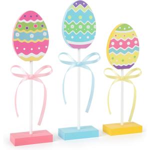 3 Pieces Easter Tiered Tray Decor,Wooden Eggs Decor,Colorful Easter Table Decorations for Home Farmhouse Kitchen Decorations (Colorful)