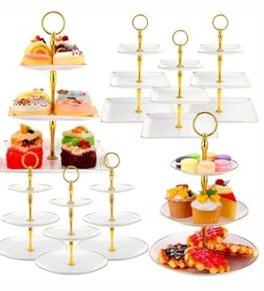 Teenyyou 8 Pack 3 Tier Cupcake Stand Bulk Tiered Dessert Stand Thick Plastic Square and Round Serving Tray Dessert Table Display Set Tea Cake Holder for Wedding Birthday Tea Party(Gold Edge) 