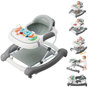 5-in-1 Foldable Baby WalkerMusic and Lights Baby Walker with Wheels,Height Adjustable Infant Walker, with Activity Center, Rocker, Bouncer,Push Walker & Feeding Tray for Babies 6-18 Months (Gray)