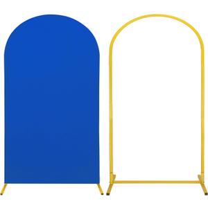 Metal Arch Stand and Cover Set,1 Royal Blue Spandex Fitted Backdrop with 1 Gold Wedding Arched Stand Frame for Parties Birthday Baby Shower Bridal Banquet Decoration (7.2FT) (7.2FTx4FT)