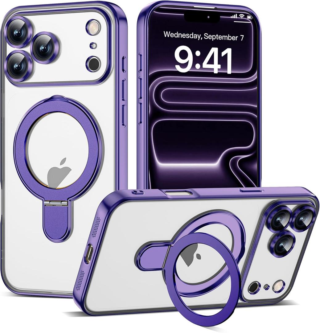 Compatible with iPhone 17 Pro Max Case with Magnetic Ring Stand [Compatible with Mag-Safe] [Full Camera Lens Protector] Plating Clear Phone Case for iPhone 17 Pro Max 6.9", Purple
