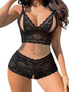 Lilosy Sexy Cupless Crotchless Women Floral Lace Pajamas Lingerie Set High Waist Sheer Sleepwear See Through Nightwear Bow Ties Cami Shorts Bra and Panty 2 Piece Black Medium