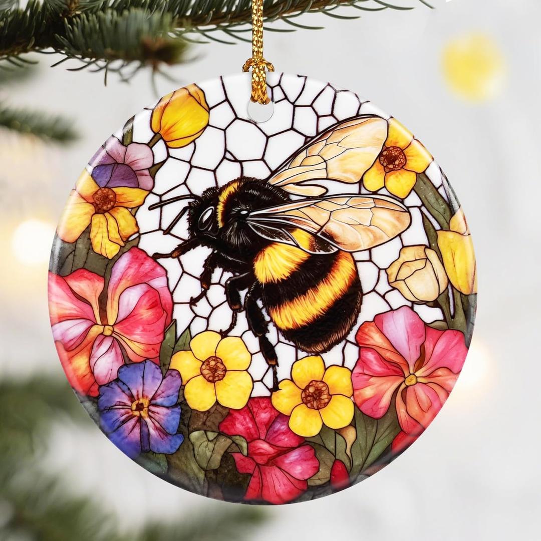 Christmas Ornaments, Dodosky 2.8in Ceramic Xmas Decor, Christmas Tree Ornaments, Xmas Decorations for Tree, Holiday Ornament, Gift Ideas, Bee Gifts, Gifts for Women, Men, Bee Lovers, 4 Pack