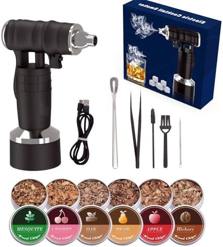 Whiskey Smoker Electric Set Bourbon Christmas Gifts for Men Old Fashioned Smoker Drink With 6 Wood Chips and 6 Whiskey Stones Food and Cocktail Smoked Kitchen Bar Tools Cool White Elephant Gifts Black