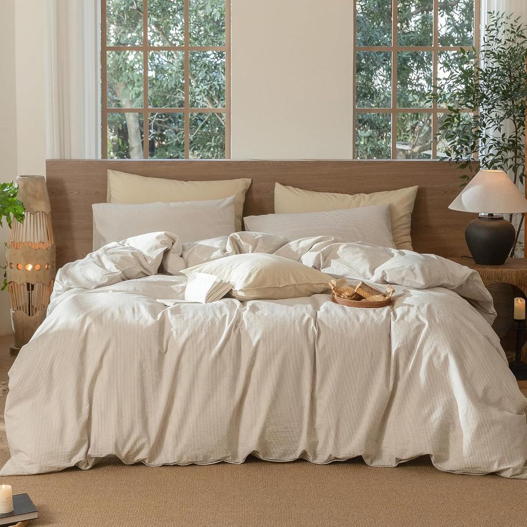 MooMee Striped Duvet Cover Set 100% Washed Cotton Linen Like Textured Breathable Durable Soft Comfy (Tannish Linen Grey White Pinstripes, Palatial King/Oversized King 120"x98")