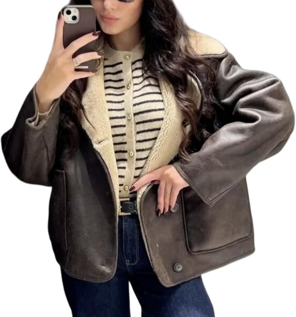 Perbai Women's Lapel Fleece Lined Single Breasted Faux Suede Jacket Oversized Leather Trucker Coat(Brown-S)