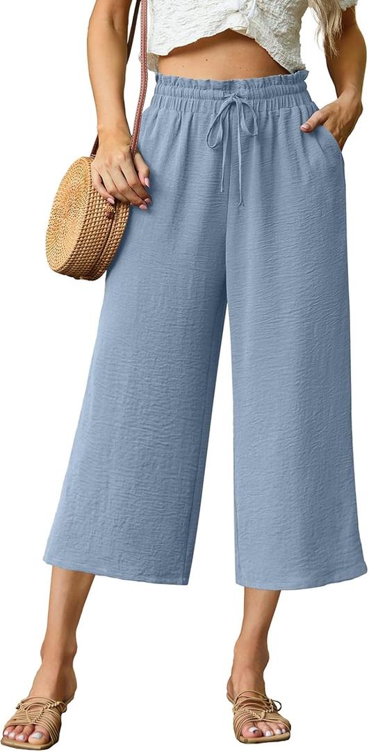 Capri Pants for Women High Waisted Wide Leg Casual Lounge Pant Summer Capris Adjustable Drawstring with Pockets (Large, A - Denim Blue)