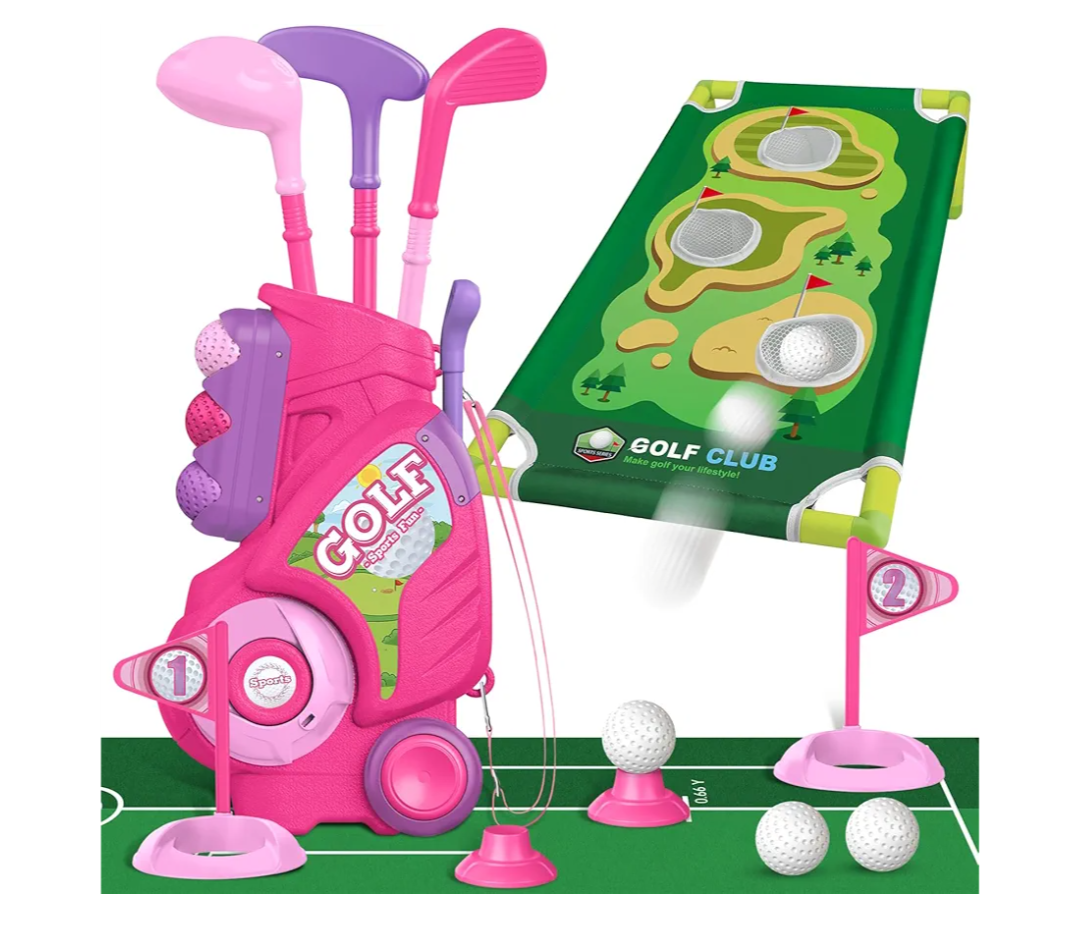 Liberry Toddler Golf Set for 2 3 4 Years Old Girls Boys, Upgraded Kids Golf Cart with Golf Cornhole Board & Putting Mat, Indoor and Outdoor Golf Toys Birthday Gift, Pink