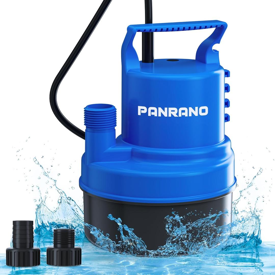 1/3 HP Submersible Water Pump 2000 GPH Portable Small Sump Pump For Pool Cover, Basements, Puddles, Gardens Ponds With 16.4 Ft Power Cord and Hose Adapters, Blue