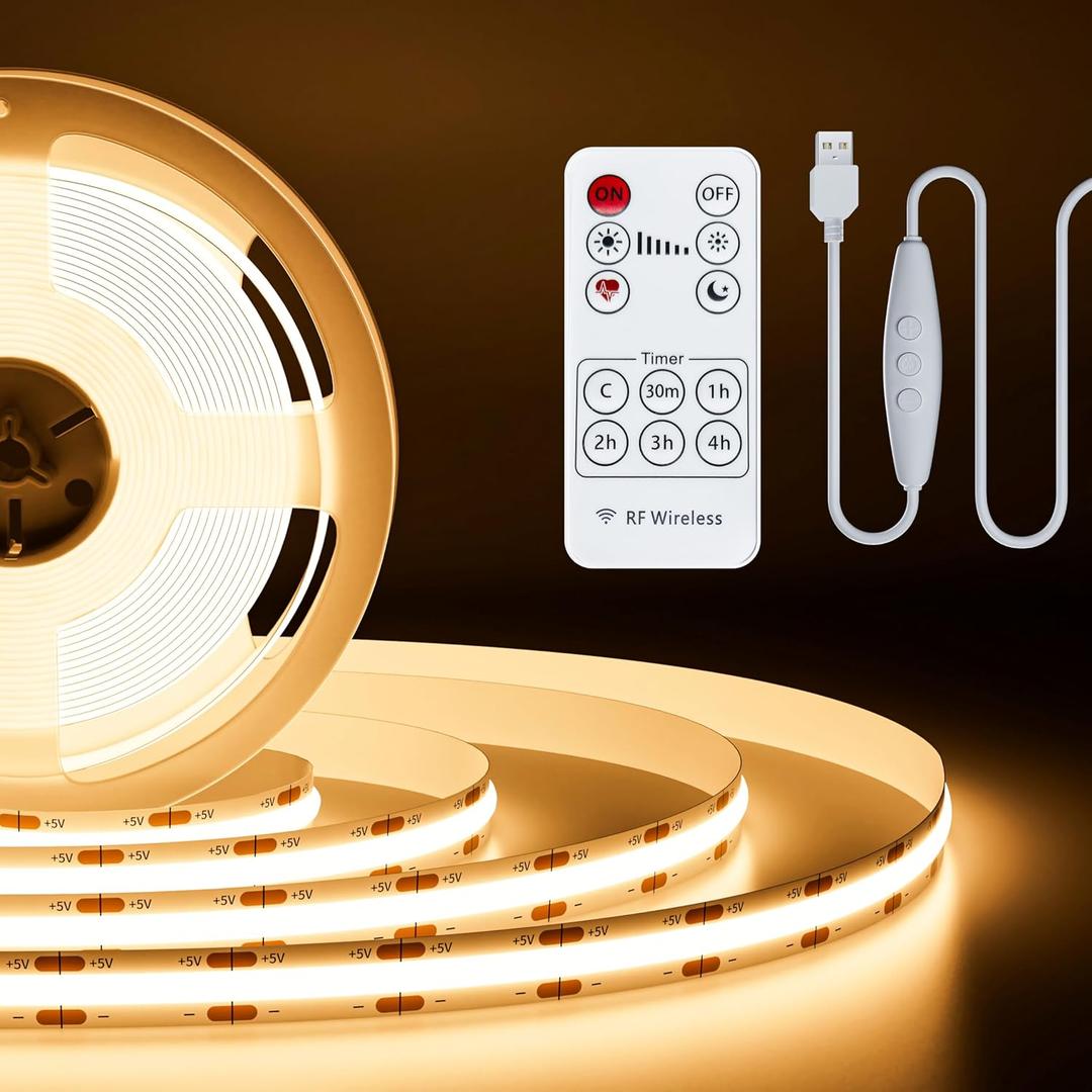 PAUTIX 5V USB COB LED Strip Light 6.56ft/2m 1200lm, 640LEDs Dimmable 3000K Warm White CRI90+ with RF Remote TV Backlight,Flexible Under Cabinet Tape Light for Bedroom,Kitchen,Home,Office DIY Lighting