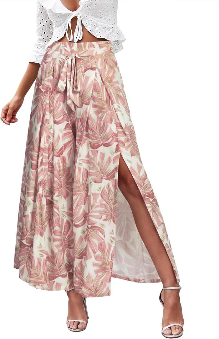 Simplee Women's Wide Leg Palazzo Summer Pants Casual Side Split Belted Waist Striped Floral Boho Flowy Beach Resort Outfits Pink Floral, Small