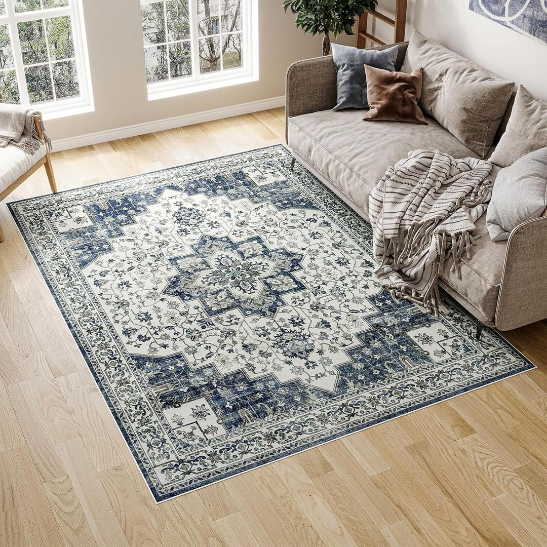 Dripex 8x10 Area Rugs - Stain Resistant Washable Rug Distressed Rugs for Living Room Dining Room Bedroom Anti-Slip Low-Pile and Soft Accent Rug Farmhouse Office Home Decor, Pet & Child Friendly (Dark Blue/Cream)