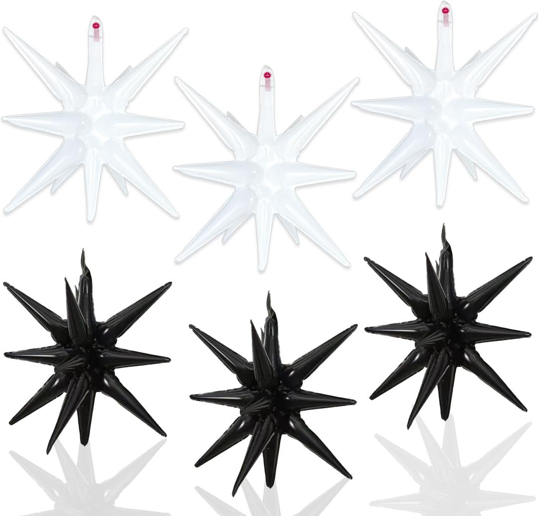 6 Pcs White Black Star Foil Balloons One-Piece 14-Pointed Star Balloon 4D Starburst Cone Mylar Balloon 22inch Christmas Birthday Wedding Wedding Anniversary Party Supplies (White + Black)