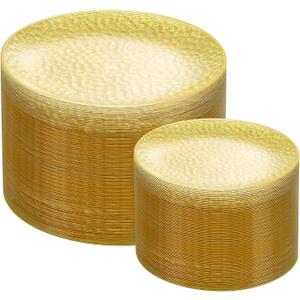 Rubtlamp 100Pcs Yellow Gold Plastic Plates, Yellow Disposable Plates With Gold Rim, Clear Heavy-duty Party Supplies, Hammered Plastic Plates Include 50 Dessert Platos, 50 Dinner Platos for Party