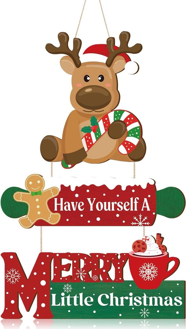TOARTi Merry Christmas Reindeer Front Door Hanging(11.2x16inches), Vintage Xmas Deer Gingerbread Hot Cocoa Wooden Wall Decor, Rustic Farmhouse Welcome Sign for Home Kitchen Office