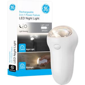 GE 3-in-1 LED Power Failure Night Light, Emergency Flashlight, Plug-In, Rechargeable, Light Sensing, Auto On/Off, Foldable Plug, Soft White, Hurricane, Storm, Tornado, Glossy White Finish, 11281
