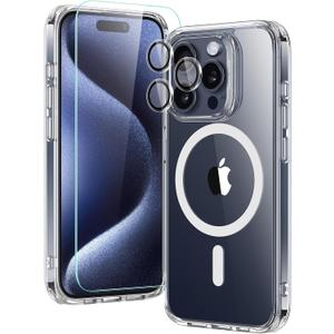ESR for iPhone 15 Pro Case Set, 1 Tempered-Glass Screen Protector, 1 Set of Lens Protectors, Military-Grade Protection, Yellowing and Scratch Resistant MagSafe Phone Case, Classic Series, Clear