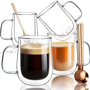Double Walled Glass Coffee Mugs 16 OZ, Borosilicate Glass Coffee Cups Set of 3 with Spoons, Insulated Clear Coffee Mug for Hot Beverages, Cappuccino, Latte, Tea Bag.