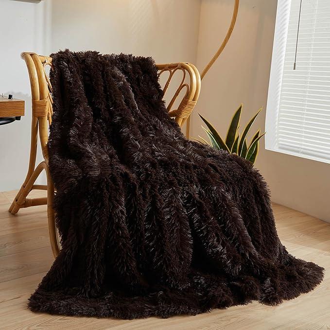 Luxury Faux Fur Throw Blanket, Modern Farmhouse Brown Soft 50x60 Fluffy Blanket, Shaggy Plush Decorative Couch Throw for Bedroom Living Room Office, Dark Brown
