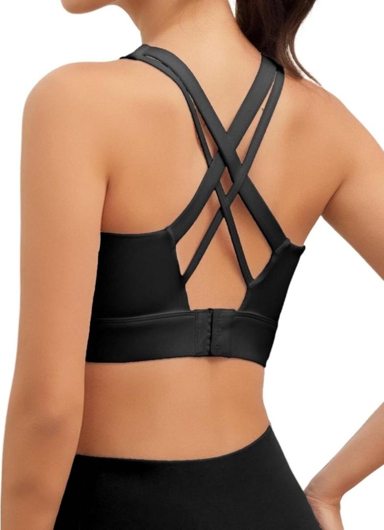 Sports Bras for Women, High Impact Push Up Criss Cross Back Padded Strappy Workout Running Sports Yoga Bras for Women Full Support for Large Bust, Black-XXL (Black, XXL)