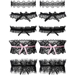 Boao 10 Pcs Wedding Garters for Bride Stretchy Lace Thigh Garters Belt Women Leg Ring for Bride Bridal Wedding Gift, 5 Style (Black)