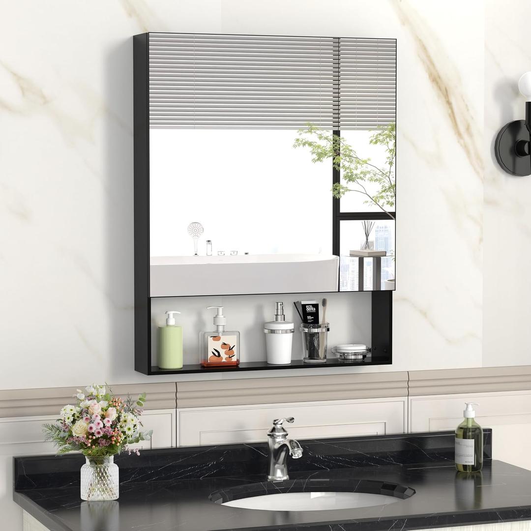 ANYHI 24'' x 30'' Bathroom Medicine Cabinet with Mirror, Aluminum Wall Mounted Bathroom Mirror with Storage, Adjustable Shelves, Surface Mount (Black)