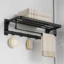 90 Foldable Towel Racks for Bathroom Wall Mounted with Rustproof Aluminum Towel Bar5 Towel Hooks 23IN Shelves Organizers Storage for RV Hotel Lavatory Kitchen Home Decor, Matte Black