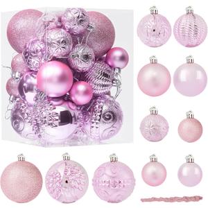 41PCS Pink Christmas Ornaments Set - Shatterproof Christmas Tree Ornaments with Icicle for Holiday Party - Vintage Xmas Decorations in 4 Sizes
