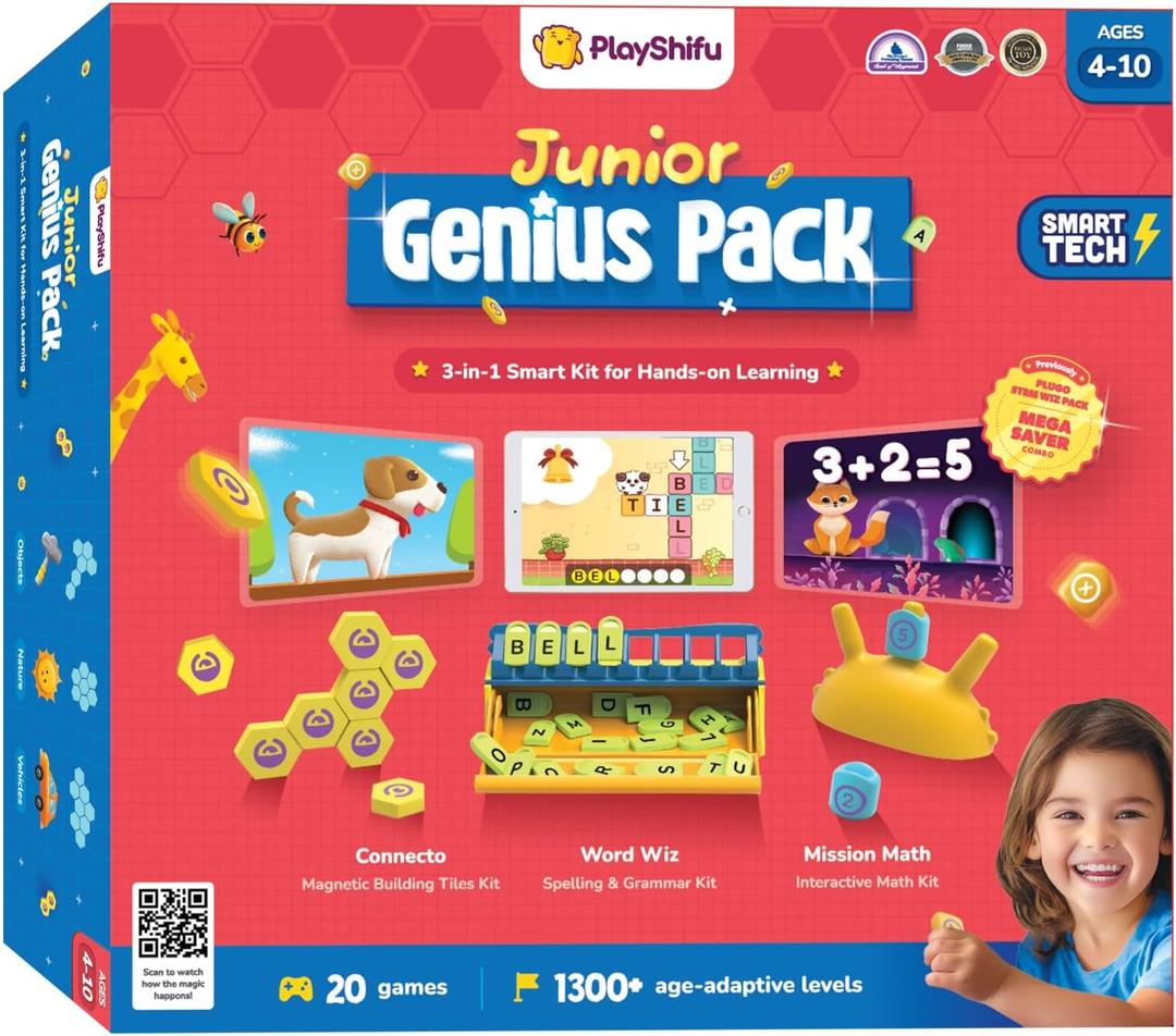 PlayShifu Junior Genius Pack | 3-in-1 STEM Learning Kit with Word Wiz, Mission Math & Connecto | Tech-Powered Educational Toys for Kids Ages 410 | Gift for Boys & Girls | Tablet Not Included