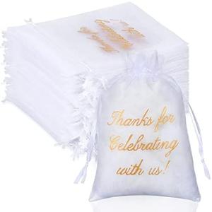 Riakrum 100 Pcs Thank You Bags Sheer Organza Bags Wedding Party Favor with Drawstring Thanks for Celebrating with Us Gift Wrap Mesh Mini Gift for Jewelry Makeup Candy Sachet(4 x 6 Inch,White)