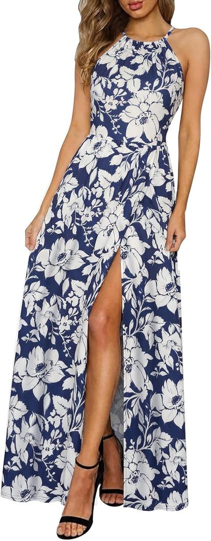 KILIG Women's Summer Floral Beach Flowy Split Maxi Long Dresses, Floral Blue  (S)