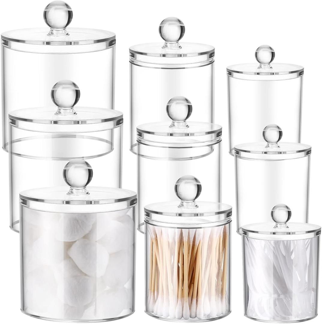 Meanplan Plastic Apothecary Jars with Lids Acrylic Holder Dispenser for Bathroom, 10/22/39 oz Clear Plastic Storage Jars Floss Container for Swab Cotton Ball, 3 Sizes(9 Pack,Acrylic Lid)